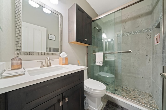 bathroom with vanity, a shower with shower door, and toilet