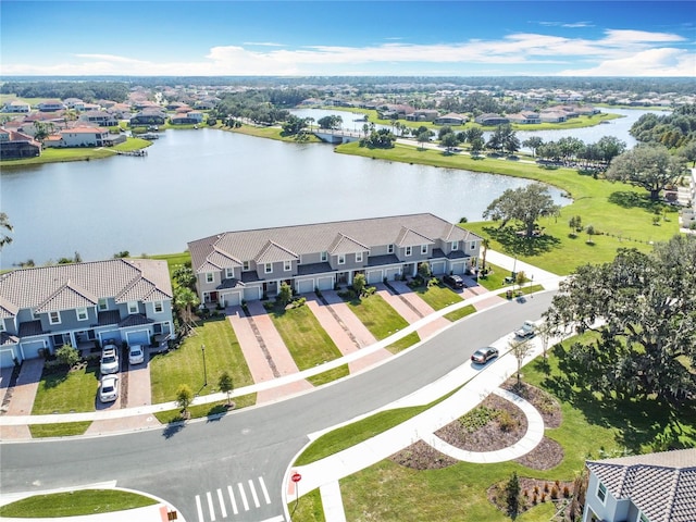 drone / aerial view featuring a water view