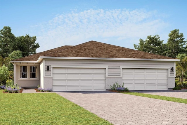 ranch-style home featuring a garage and a front lawn