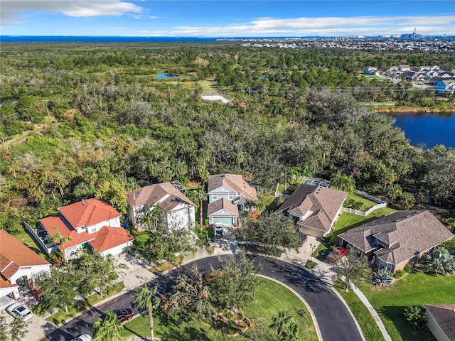 aerial view featuring a water view