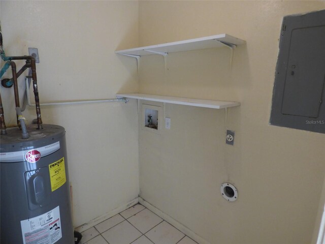 27242 Sunnybrook Rd Unit B, Punta Gorda, FL 33983 - washroom featuring water heater, electric panel, hookup for an electric dryer, hookup for a washing machine, and light tile patterned floors