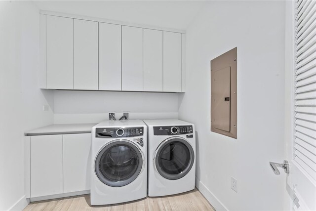 2912 W Santiago St Unit 1901, Tampa, FL 33629 - laundry area featuring electric panel, cabinet space, washer and clothes dryer, and light wood-style floors