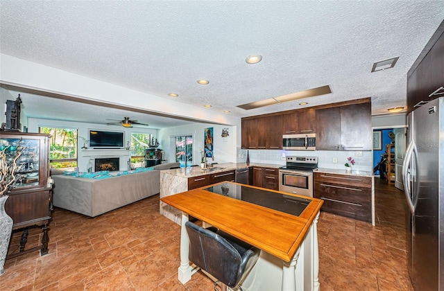 13191 92nd Ave, Seminole, FL 33776 - kitchen featuring appliances with stainless steel finishes, a textured ceiling, dark brown cabinets, a peninsula, and a fireplace
