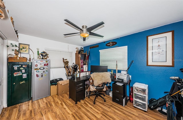 home office featuring ceiling fan and light hardwood / wood-style flooring