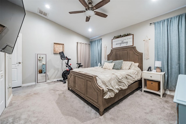 carpeted bedroom featuring ceiling fan and lofted ceiling