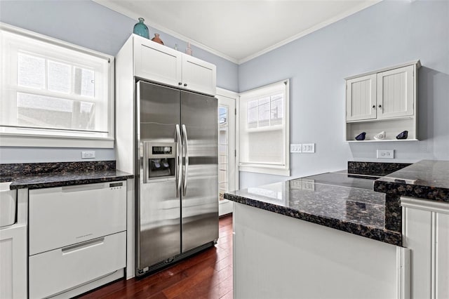 kitchen with white cabinets, dark hardwood / wood-style floors, plenty of natural light, and stainless steel fridge with ice dispenser