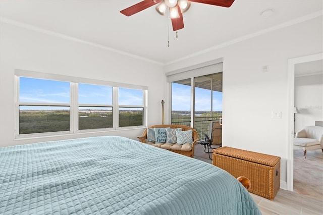 bedroom featuring access to outside, ceiling fan, and ornamental molding