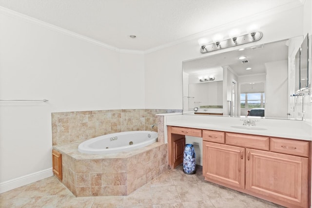 bathroom featuring tile patterned flooring, vanity, ornamental molding, and tiled tub