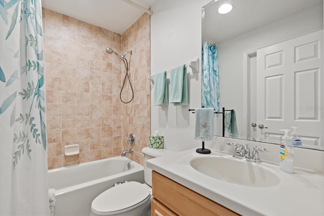 full bathroom with shower / bath combo with shower curtain, vanity, and toilet