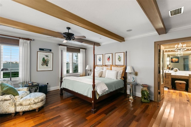 bedroom with beamed ceiling, ceiling fan with notable chandelier, dark hardwood / wood-style flooring, and ornamental molding