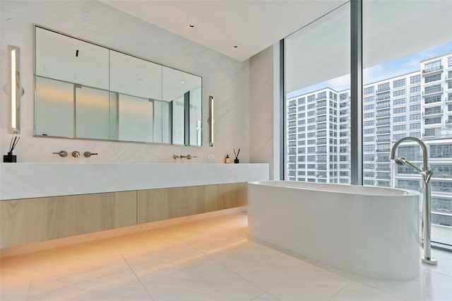 bathroom with vanity and a washtub