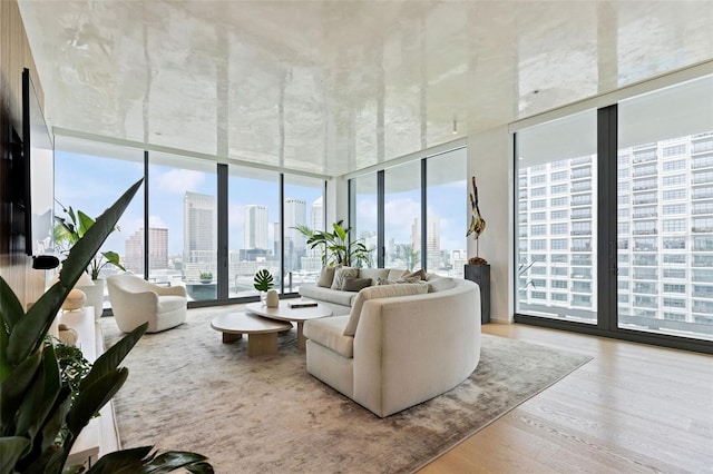 living room with a wealth of natural light, expansive windows, and light hardwood / wood-style floors