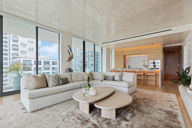 living room with a wall of windows and light wood-type flooring