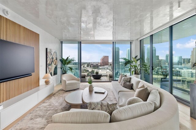 living room with light hardwood / wood-style floors, a wall of windows, and a wealth of natural light