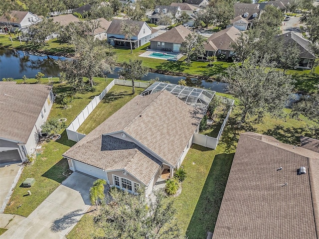 drone / aerial view featuring a water view