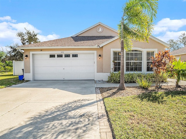 ranch-style house featuring a garage and a front lawn