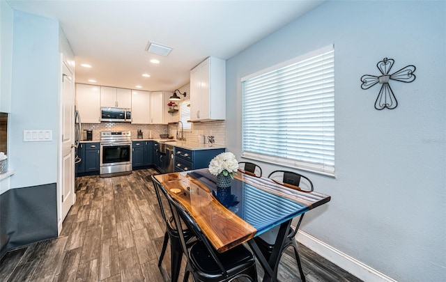 dining area featuring sink and dark hardwood / wood-style floors