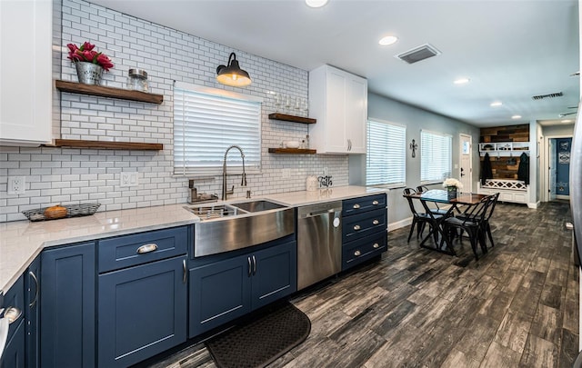 kitchen featuring blue cabinetry, dishwasher, white cabinets, and dark wood-type flooring