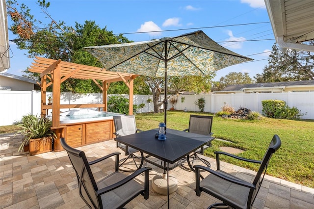 view of patio featuring a pergola and a hot tub