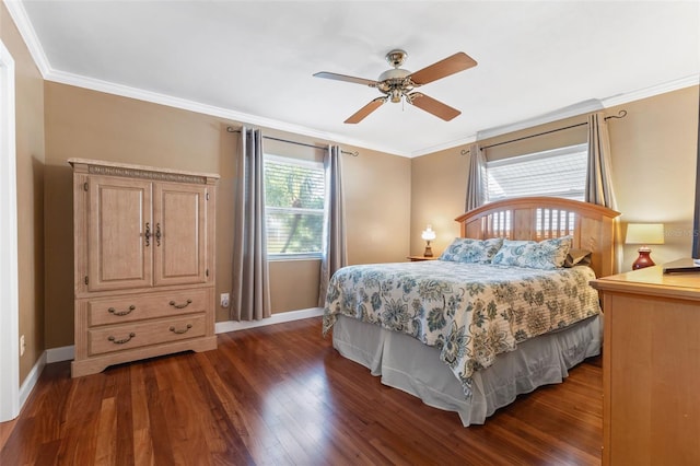 bedroom with dark wood-type flooring, ceiling fan, and ornamental molding