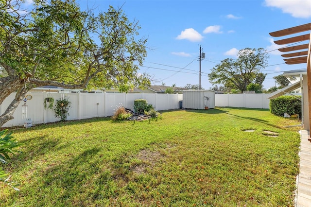 view of yard featuring a storage shed