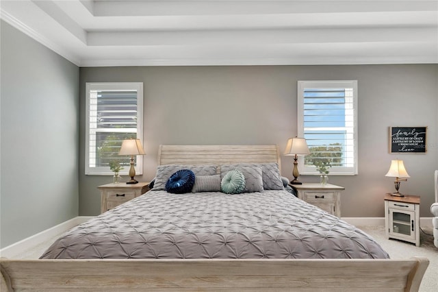 carpeted bedroom featuring ornamental molding