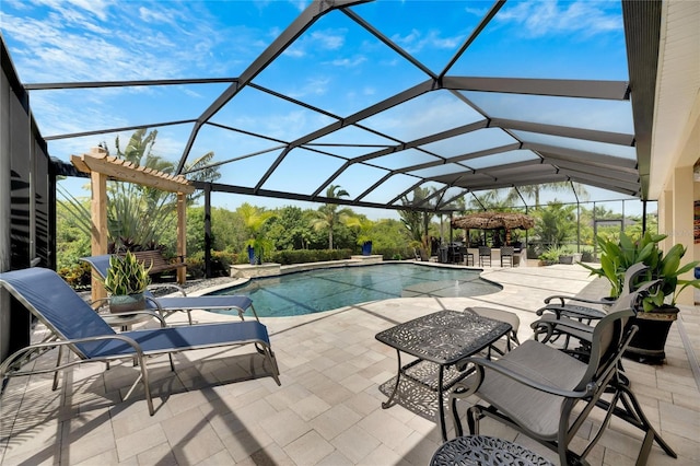 view of pool featuring a lanai and a patio