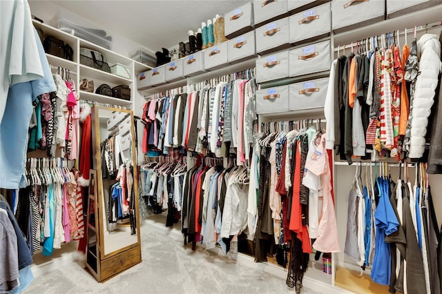 walk in closet with light carpet