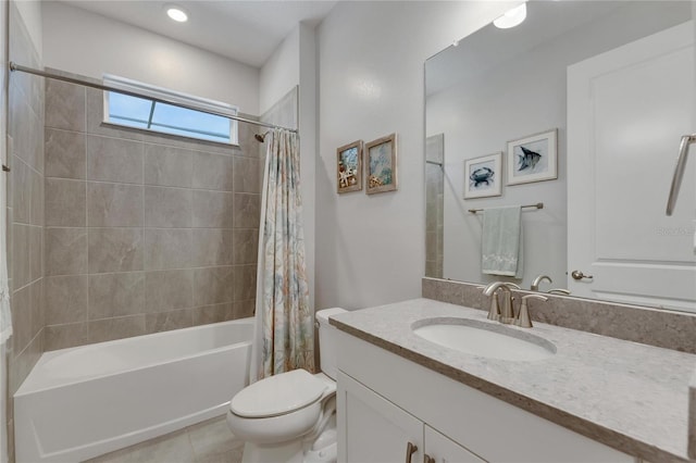 full bathroom with vanity, tile patterned flooring, shower / bath combination with curtain, and toilet