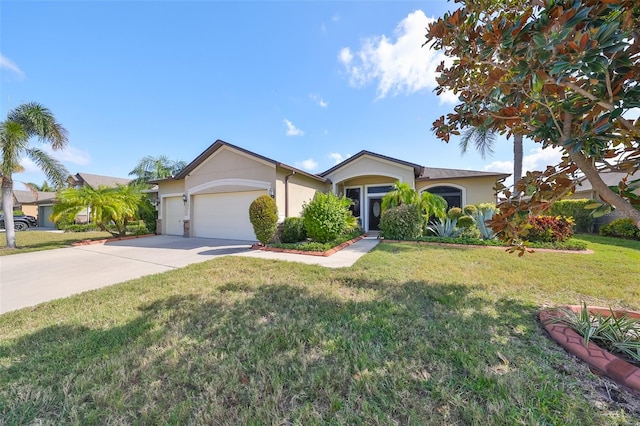 ranch-style house with a garage and a front lawn