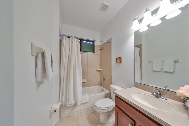 full bathroom with toilet, tile patterned flooring, vanity, and shower / tub combo