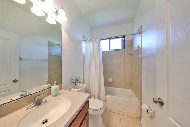 full bathroom with toilet, vanity, shower / bath combination with curtain, and tile patterned floors