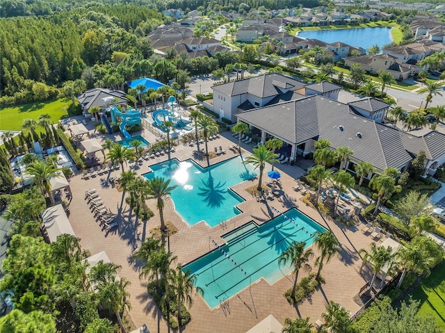 bird's eye view with a water view