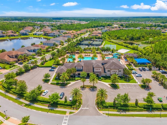 bird's eye view with a water view