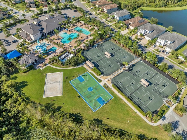 aerial view featuring a water view