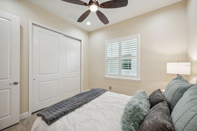 bedroom with ceiling fan and a closet