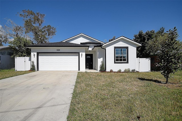 single story home featuring a front yard and a garage