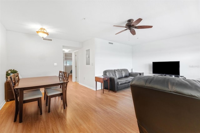 living room featuring electric panel, light hardwood / wood-style floors, and ceiling fan