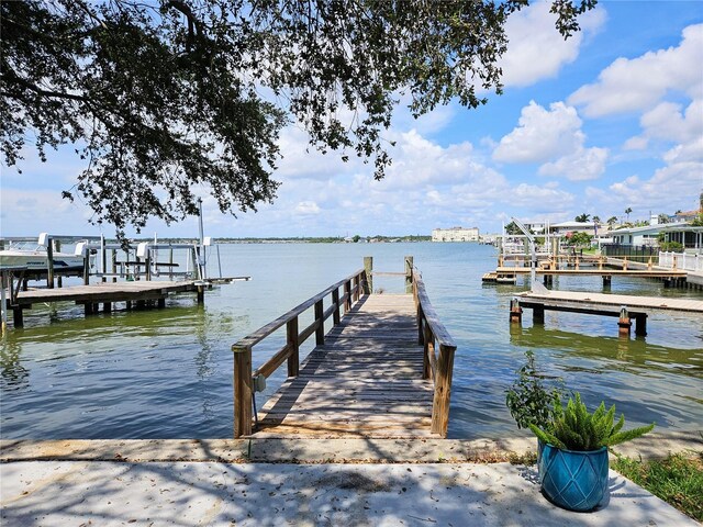 dock area featuring boat lift and a water view
