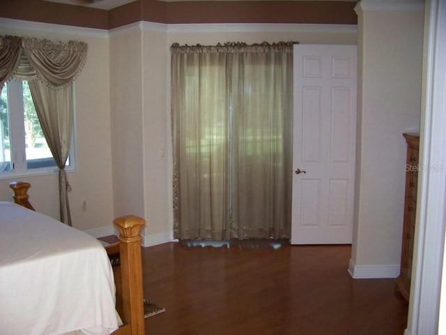 bedroom with dark hardwood / wood-style floors