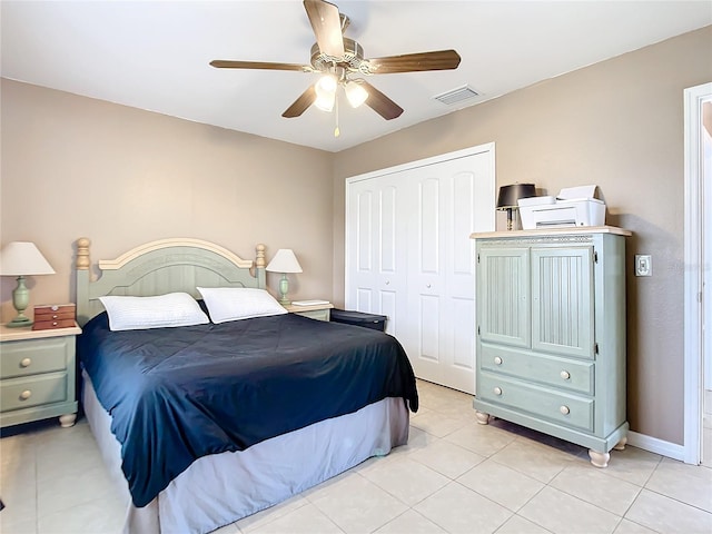 tiled bedroom featuring ceiling fan and a closet