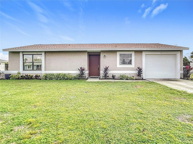 7518 Lyncrest St, North Port, FL 34287 - ranch-style house featuring stucco siding, a garage, a front yard, and concrete driveway