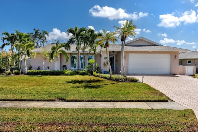 single story home with a garage and a front lawn