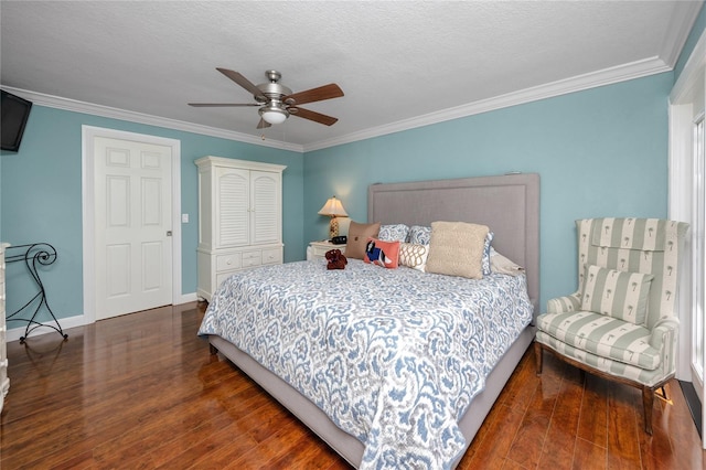 bedroom with dark hardwood / wood-style flooring, crown molding, a textured ceiling, and ceiling fan