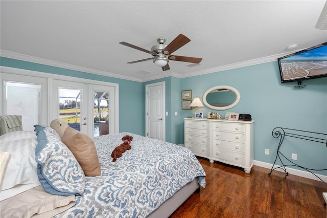 bedroom featuring french doors, dark hardwood / wood-style flooring, access to exterior, ceiling fan, and ornamental molding