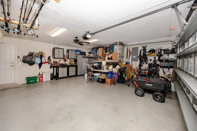 garage featuring a garage door opener, electric panel, and ceiling fan