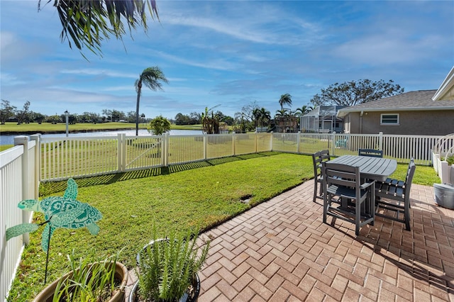 view of patio / terrace featuring a water view