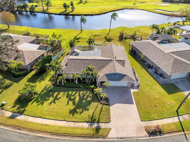 aerial view featuring a water view