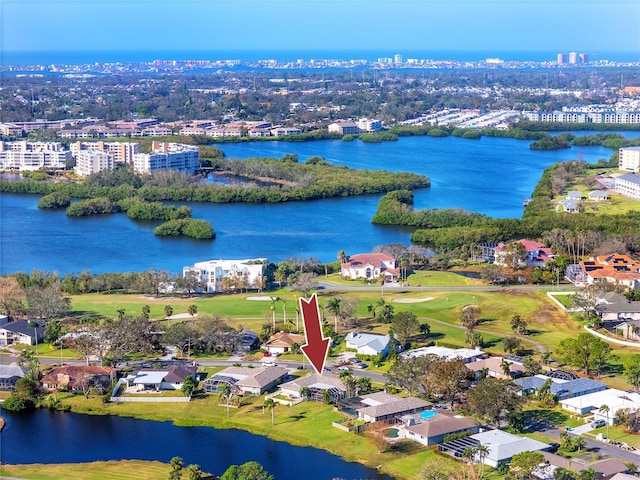 drone / aerial view with a water view