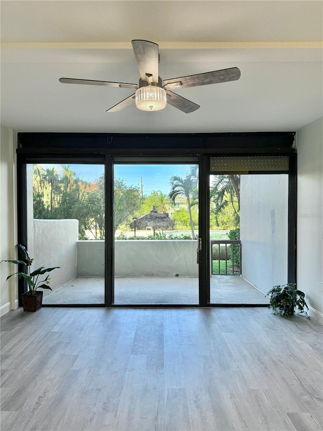 interior space with ceiling fan, a healthy amount of sunlight, and wood-type flooring